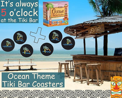 Tiki Bar Ocean Beach Coasters Set of 6 with Holder, Tiki Bar Decor Silicone Nautical Coasters, Hawaiian and Luau Decorations, Beach Theme Coastal Decor, Tropical Chill and Surf Waves Styles