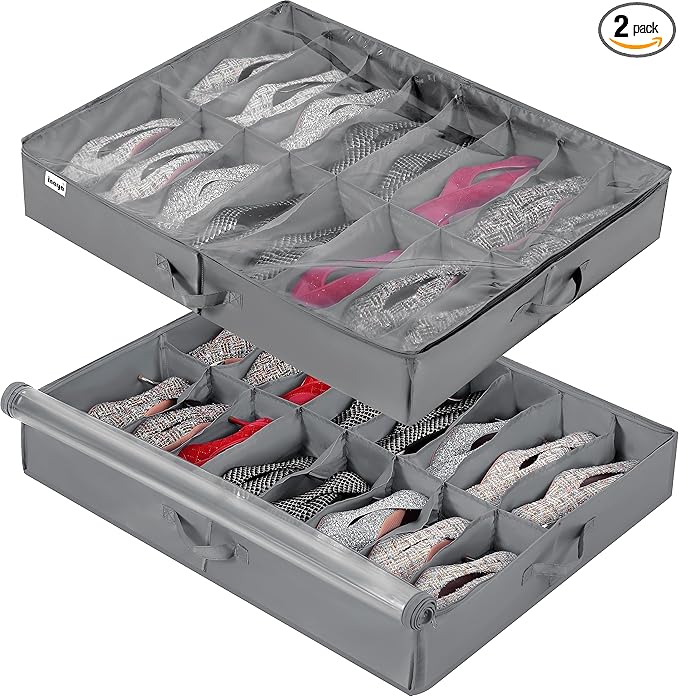 INAYA Under Bed Shoe Storage Organizer 2 Pack, Fits 32 Pairs, Large Underbed Shoe Box Storage Containers, Clear Foldable Shoes Organizer Under the Bed Sturdy Structure with Hard Bottom Support