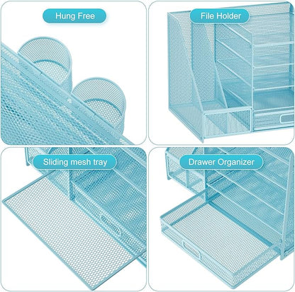 Marbrasse Desk Organizer with File Holder, 5-Tier Paper Letter Tray Organizer with Drawer and 2 Pen Holder, Mesh Desktop Organizer and Storage with Magazine Holder for Office Supplies(Blue)