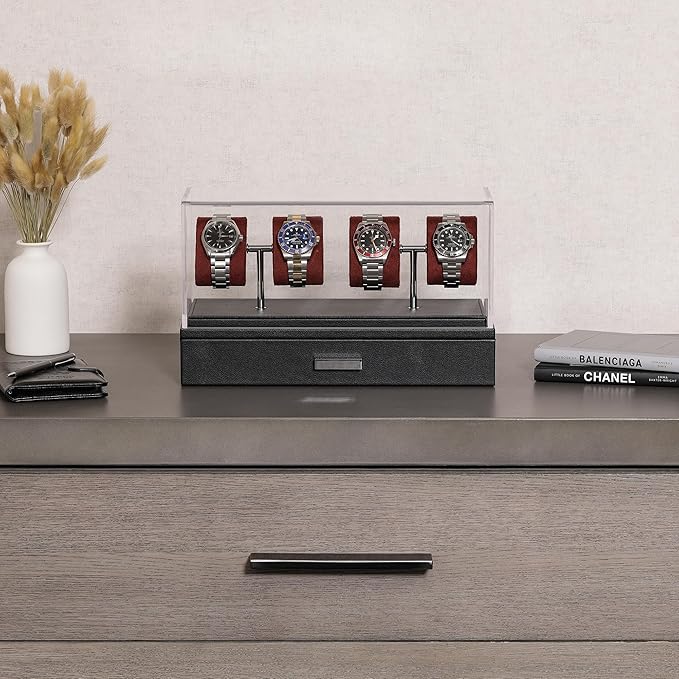 ROTHWELL Luxury Watch Display Case for 4 Watches – Leather Watch Box with Acrylic Cover and Removable Slide in Cushions – Accessory Drawer with Multiple Configurations (Black/Red)