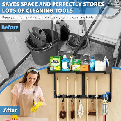 Heavy Duty Broom Holder Wall Mount with Grid Shelf, 5 Adjustable Hooks & Vacuum Hanger | All-in-One Cleaning Supplies Organizer for Laundry Room, Garage, Kitchen Storage