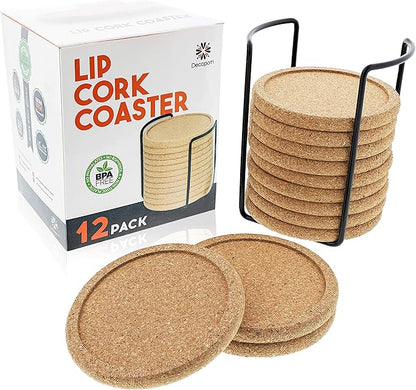 Cork Coasters with Lip for Drinks Absorbent | 12 Set 4 Inch Thick Rustic Saucer with Metal Holder Heat & Water Resistant | Best Reusable Natural Round Coasters for Bar Glass Cup Table