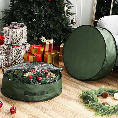 4 Pack Wreath Storage Container, 30 Inch Christmas Wreath Storage Box with Clear Window and Handles Upgrade Oxford Cloth Garland Bags with Dual Zipper for Xmas Wrapping, Green