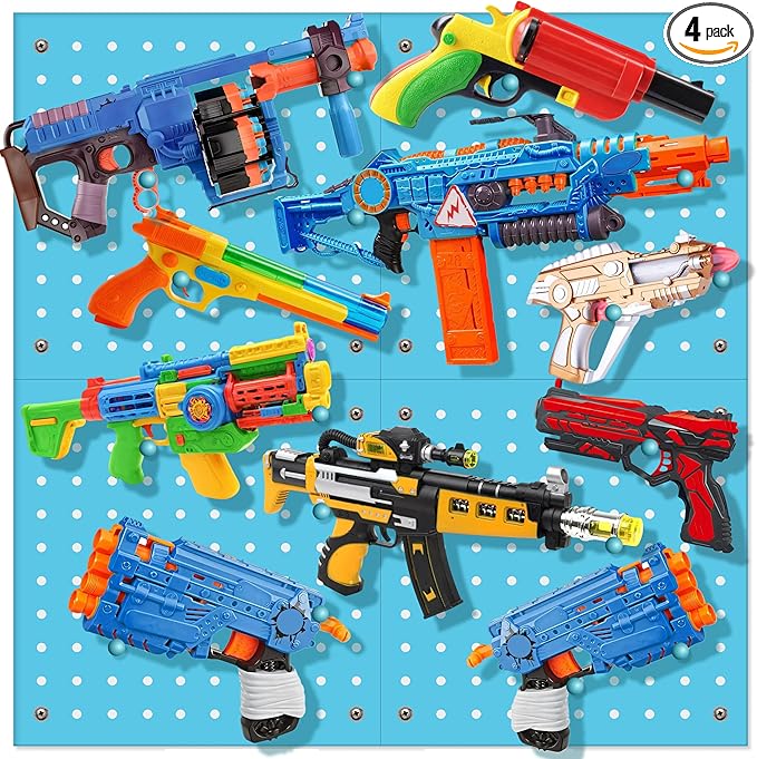 Skywin Wooden Peg Board for Nerf Gun with Target Bag 13 x 0.32 x 13 Inches - Hanging Holder Compatible with All Blasters Nerf Gun Rack Organizer for Wall Organization (Blue)