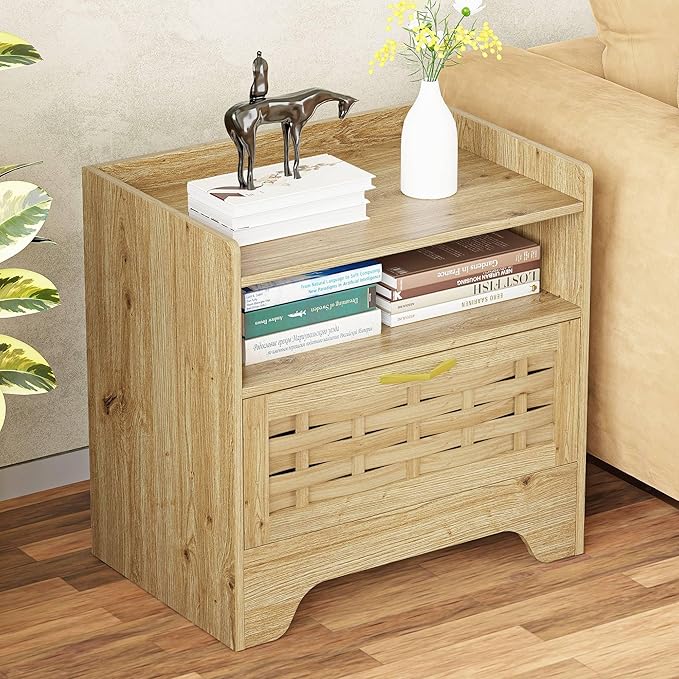 HOCAT 24" Rattan Nightstand with Storage Drawer, Oak Bedside Table with Semi Open Cubby, Boho Night Stand with Farmhouse Arched Base for Bedroom, Side Table, End Table for Dorm