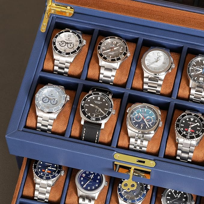 ROTHWELL 20 Slot Leather Watch box - Luxury Case Display Jewelry Organizer, - Locking Display Case Holder with Large Real Glass Top - Watch Box Organizer for Men and Women (Blue/Tan)