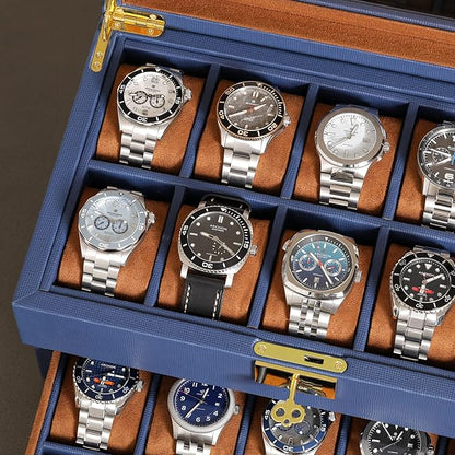 ROTHWELL 20 Slot Leather Watch box - Luxury Case Display Jewelry Organizer, - Locking Display Case Holder with Large Real Glass Top - Watch Box Organizer for Men and Women (Blue/Tan)