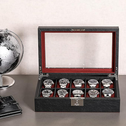 ROTHWELL 10 Slot Leather Watch Box - Luxury Case Display Jewelry Organizer - Locking Watch Display Case Holder with Large Glass Top - Box Organizer for Men and Women (Black/Red)