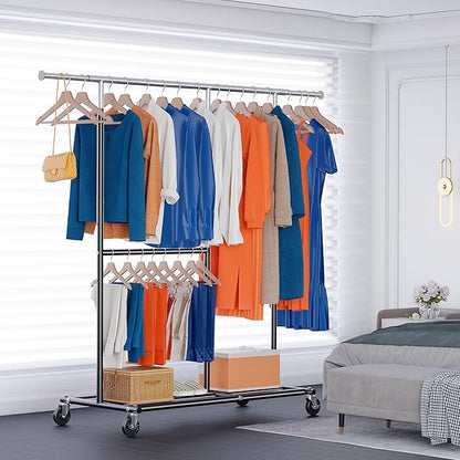 HOKEEPER Clothes Rack, Clothing Rack for Hanging Clothes Heavy Duty Garment Rack with Wheels Commercial Portable Freestanding Closet Rack with Shelves for Bedroom, Living Room, Laundry, Balcony, Black