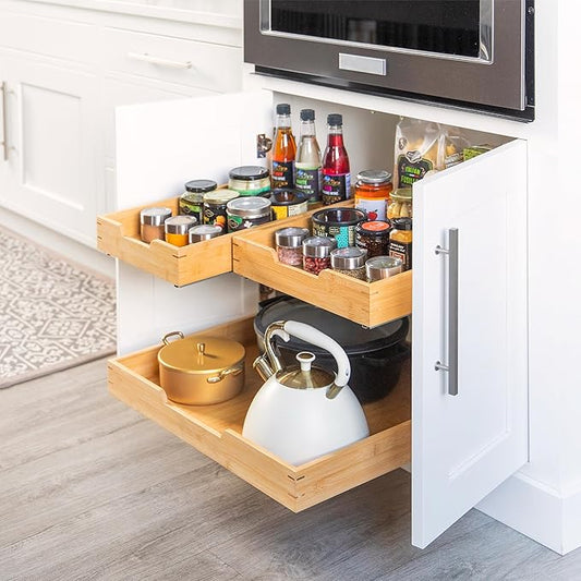 HOLDN’ STORAGE Bamboo Wooden Pull out Cabinet Organizer 11" W x 20" D - Requires At Least a 12.25" W x 21" D. Cabinet Opening. W/Lifetime Limited Warranty. Bamboo Tray and Heavy gauge metal rails.