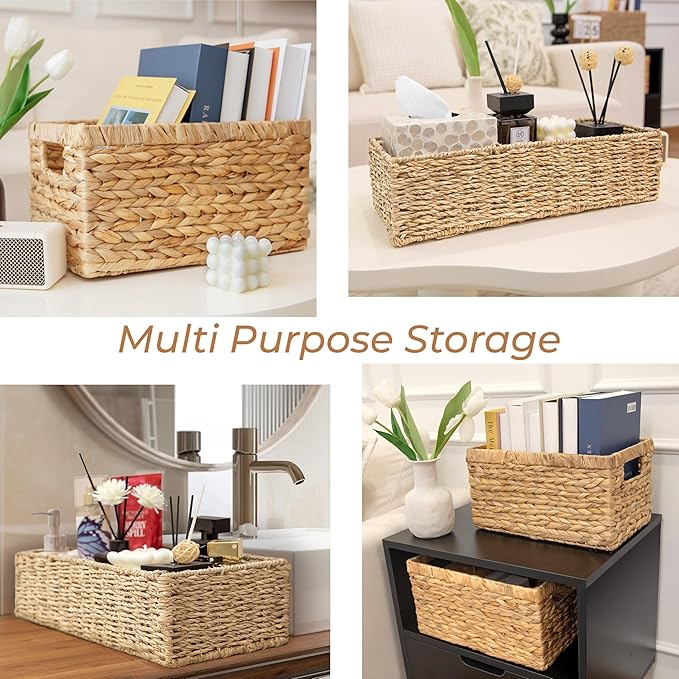 HOMESTEAD 2-Pack Rectangular Seagrass Storage Baskets with Built-In Handles, Handwoven Wicker Baskets for Pantry, Shelf, Closet & Bathroom Organization, 16 × 6.75 × 4.25 in