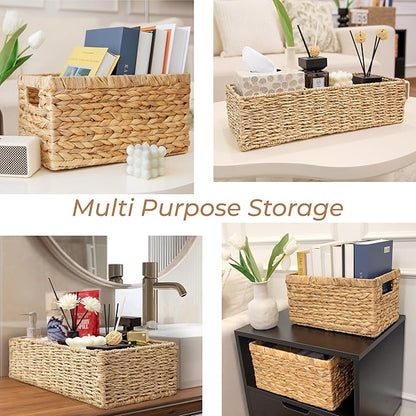 HOMESTEAD 2-Pack Rectangular Seagrass Storage Baskets with Built-In Handles, Handwoven Wicker Baskets for Pantry, Shelf, Closet & Bathroom Organization, 16 × 6.75 × 4.25 in