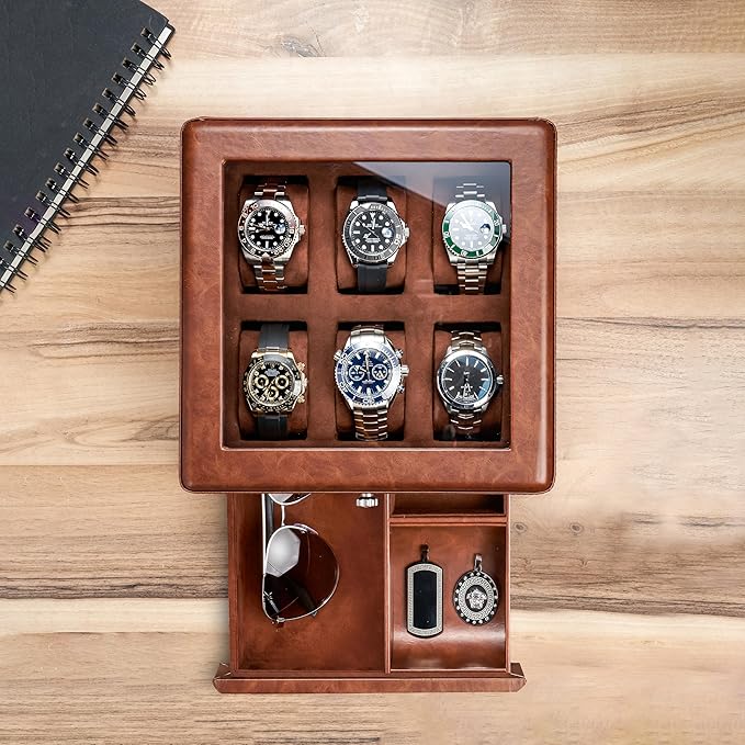 Awesometik 6 Slot LUXURY Faux Leather Watch Box Organizer. Real Glass Top. Watch Display & Watch Holder for Men. Watch Collection, Protection. For Men Ready to Gift (6 Slot Watch Box with Drawer)