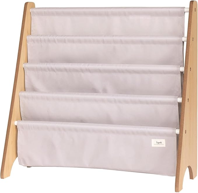3 Sprouts Recycled Fabric Kids Bookshelf – 4-Tier Sling Book Rack Organizer - Nursery Room Playroom Classroom Wooden Book Shelves - Kid Bookcase Wood Storage Shelf for Toddler Age 3+ - Gray
