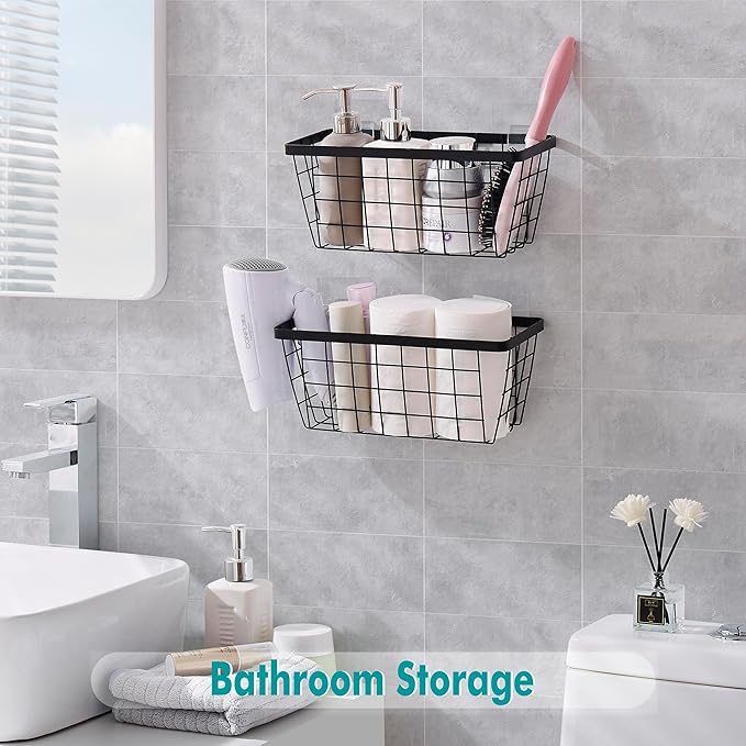 LIGHT DUST Wall Hanging Baskets - 2 Black Baskets Set Wire Basket Metal Organizer Bins for Kitchen Pantry Cabinet Bathroom Shower Door RV [Included Adhesive Hooks & Wall Mounted Screws]