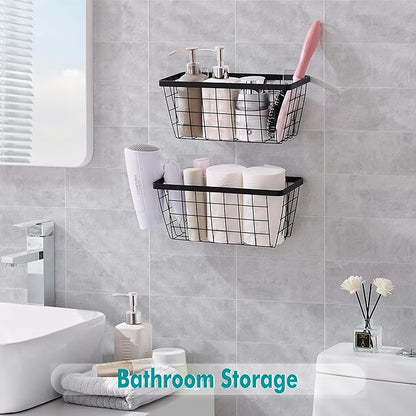 LIGHT DUST Wall Hanging Baskets - 2 Black Baskets Set Wire Basket Metal Organizer Bins for Kitchen Pantry Cabinet Bathroom Shower Door RV [Included Adhesive Hooks & Wall Mounted Screws]