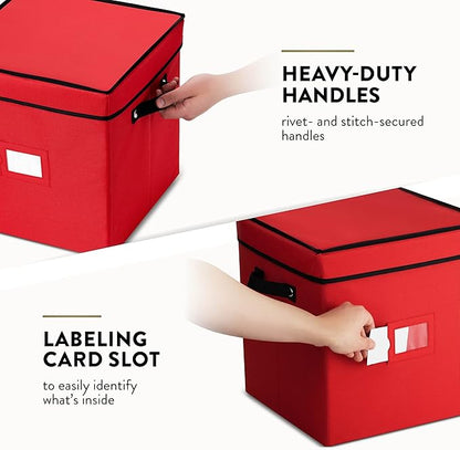 Zober Christmas Ornament Storage Box - Stores 64 Ornaments - Non-Woven, Tear- Proof Christmas Ornament Storage Containers - 3 Inch Cube Compartments - Red