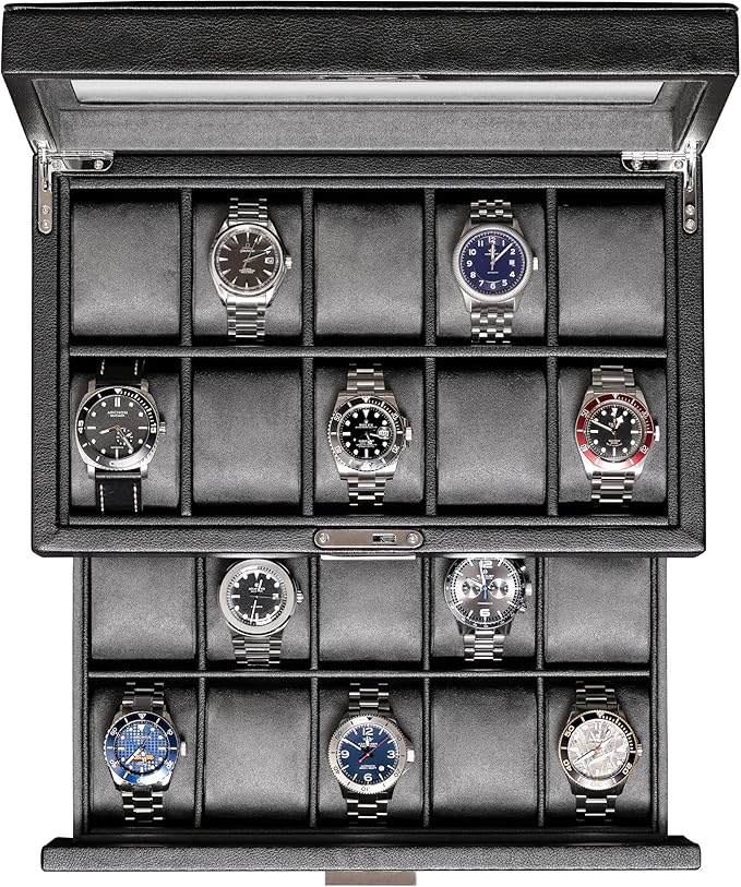 ROTHWELL 20 Slot Leather Watch box - Luxury Case Display Jewelry Organizer, - Locking Display Case Holder with Large Real Glass Top - Watch Box Organizer for Men and Women (Black/Grey)