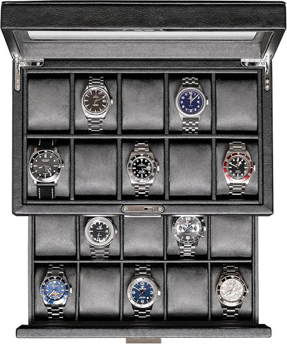 ROTHWELL 20 Slot Leather Watch box - Luxury Case Display Jewelry Organizer, - Locking Display Case Holder with Large Real Glass Top - Watch Box Organizer for Men and Women (Black/Grey)