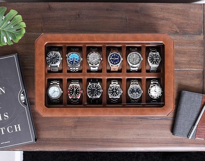 ROTHWELL 12 Slot Leather Watch Box - Luxury Watch Case Display Organizer, Microsuede Liner, Locking Mens Jewelry Watches Holder, Men's Storage Boxes Holder Large Glass Top (Tan/Brown)