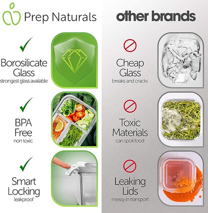 PrepNaturals 3 Pack 34 Oz Glass Meal Prep Containers - Dishwasher Microwave Freezer Oven Safe - Glass Storage Containers with Lids (Multi-Compartment)
