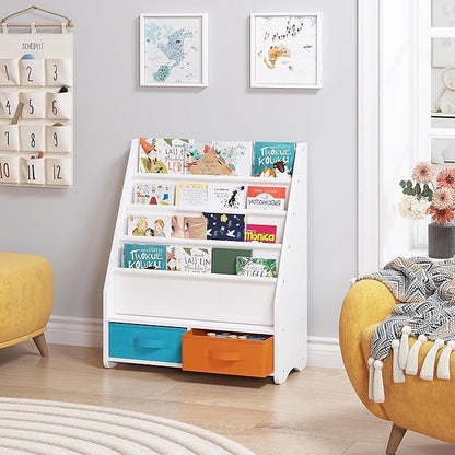 UTEX Kids Bookshelf with Storage Bins, Book Shelf for Kids Rooms, 4-Tier Toddler Sling Bookshelf for Nursery, Living Room, Bedroom, White