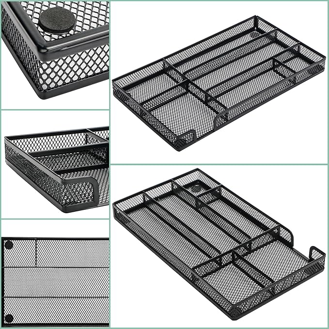 Annova Desk Drawer Organizer Tray for Office Organization - Metal Mesh - Storage Tray with Dividers for Pens, Desktop Accessories, Bathroom, Kitchen, Makeup and Office Supplies (Small, Black)