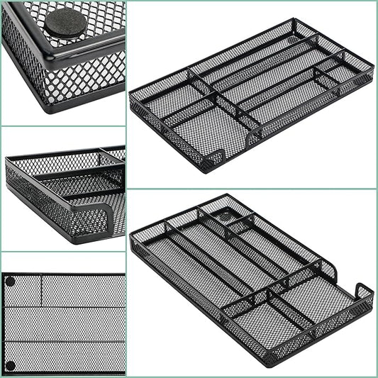 Annova Desk Drawer Organizer Tray for Office Organization - Metal Mesh - Storage Tray with Dividers for Pens, Desktop Accessories, Bathroom, Kitchen, Makeup and Office Supplies (Small, Black)