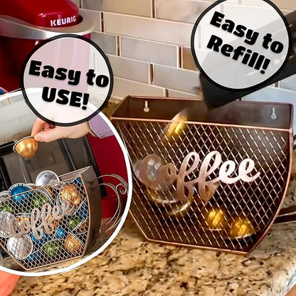 Made Easy Kit Coffee Pod Organizer Compatible with Nespresso Vertuo and Original - Countertop Sculpture Holder Basket Style for Café Bar, Corner Station Office Break Area (Orange Yellow Stripe)