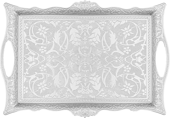 Alisveristime Ottoman Turkish Zamak Serving Tray with Traditional Motifs, Ideal for Coffee and Tea - Six Person Tray (14.5 x 9.85 in) (Silver)