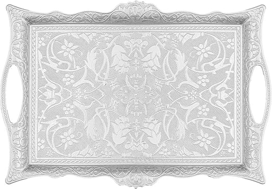 Alisveristime Ottoman Turkish Zamak Serving Tray with Traditional Motifs, Ideal for Coffee and Tea - Six Person Tray (14.5 x 9.85 in) (Silver)