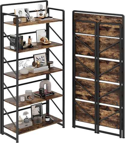 JSB Folding Bookshelf,Industrial Storage Shelves, No Assembly Vintage Wood Look Bookshelf with Storage Shelves for Living Room, Bedroom, Office (Fire Brown, 5-Tier)