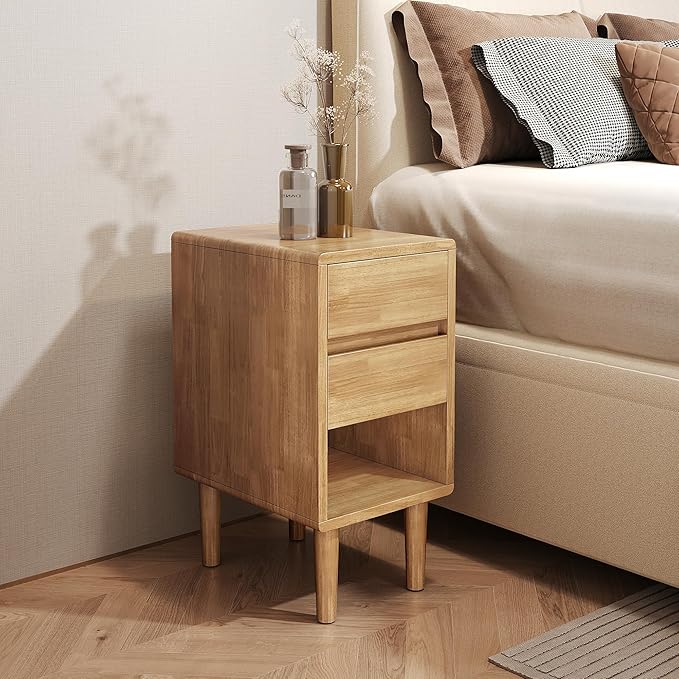 Nightstand 2 Drawers with Open Shelf Narrow Night Stand Solid Wood Bedside Table Mid Century Modern Nightstand Wooden End Table for Bedroom, Living Room, Study, Office