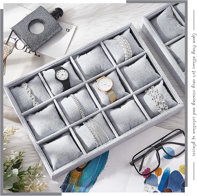 Henoyso 2 Pieces 12 Grid Velvet Watch Tray Jewelry Organizer Stackable Watch Bracelet Bangle Display Holder Adjustable Pillow (Gray)