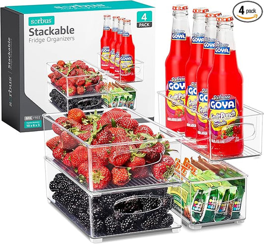 Sorbus Stackable Refrigerator Organizer Bins - Set of 4 Clear Storage Bins for Kitchen Pantry, Freezer & Fridge Organization - Food Organizing Plastic Containers with Handles for Countertops & Drawers