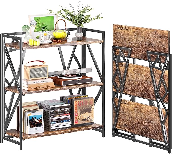 UDD No Assembly Wide Folding Bookshelf, 34" H x 30.9" W, 3 Tier Foldable Book Shelf Industrial Bookcase, Vintage Collapsible Storage Shelves for Home Office Living Room Bedroom, Rustic Brown Black