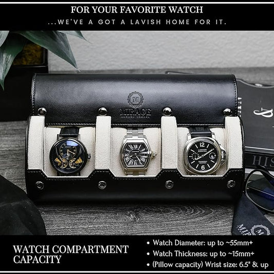 Watch Roll Cases for Men - Watch Travel Case - Storage and Display 3 slots - Jade Black/Ivory White interior Vegan Leather