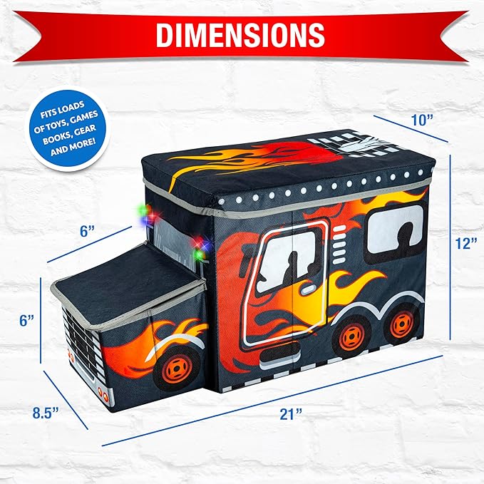 KAP Toy box for boys, Junior size, interactive Light up LED Toy chest, Children's Decorative Racing Truck Storage Bin, Toy Storage, Foldable Storage/Toy Box, Pop up Organizer, (Racing Collection)