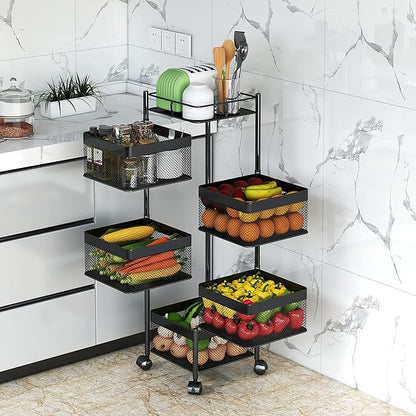 Fruit and Vegetable Basket for Kitchen No Assembly， Rotating Storage Rack,Bathroom Storage Shelf, Kitchen Organizers and Storage Cart on Rolling Wheels(Black, 5 Tier-Square)