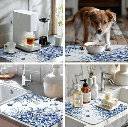Wnoesat Christmas Tree Dish Drying Mat for Kitchen Counter 18x24 Inch Blue White Chinoiserie Winter Xmas Holiday Drying Mats Microfiber Absorbent Dish Draining Reusable Dish Drainer Pad