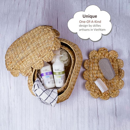 Round Wicker Storage Baskets with Lid, Rattan Basket Decorative Boxes, Woven Storage Box Hyacinth Basket with Lids, Scalloped Edge Wicker Basket with Lid, Set of 2