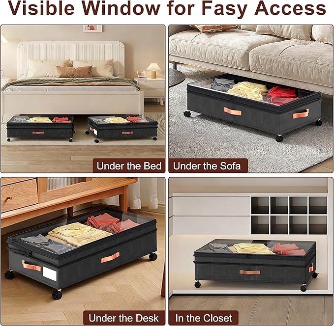 VXEAPADE 2 Pack 70L XXL Under Bed Storage with Wheels - Extra Large UnderBed Storage Containers with Clear Lid & Label, Rolling Storage Bins for Clothes, Shoes, Blankets - Black