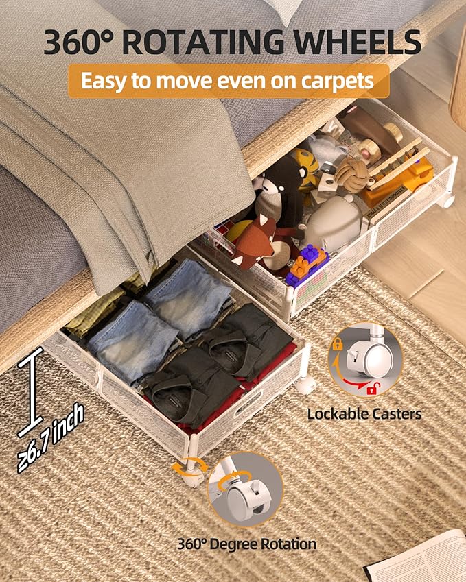 YEEBONIX Under Bed Organizer, Storage Bins Under Bed, 60L Underbed Storage Bins for Bedroom Clothes Shoes Blankets (White, 2 Pack)