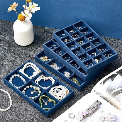 Junkin 12 Pcs Jewelry Tray Velvet Stackable Jewelry Organizer Trays Divided Earring Accessories Storage Containers Box (Rose Red)