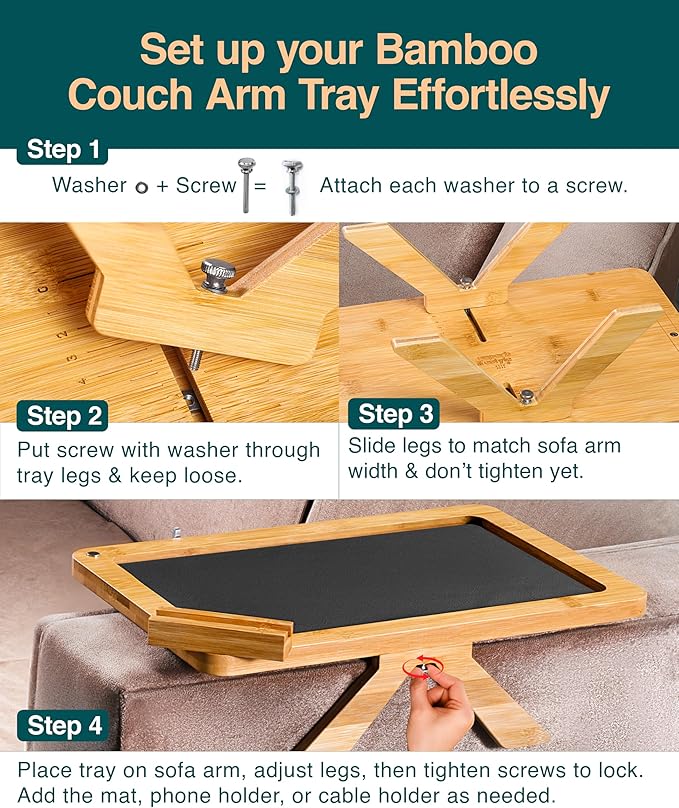 Bamboo Sofa Arm Tray Table – Fits Most of The Sofa Arms, 3 in 1 Adjustable Couch Arm Table with Rotating Phone Holder, Cable Slot & Non-Slip Mat – Couch Cup Holder for Snacks, Drinks & Remotes