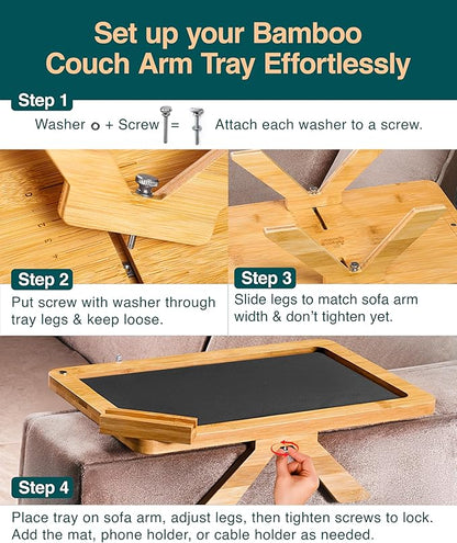 Bamboo Sofa Arm Tray Table – Fits Most of The Sofa Arms, 3 in 1 Adjustable Couch Arm Table with Rotating Phone Holder, Cable Slot & Non-Slip Mat – Couch Cup Holder for Snacks, Drinks & Remotes