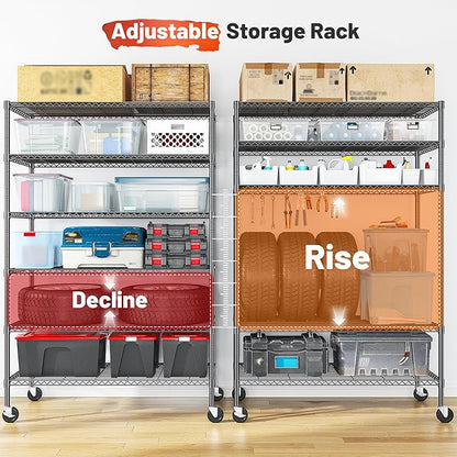 82" H X45 W X18 D Storage Shelves with Wheels, 6 Tier Wire Shelving Adjustable Metal Shelving Pantry Shelves Capacity 1200LBS for Garage Shelving, Pantry, Kitchen, Closet, Commercial, Black