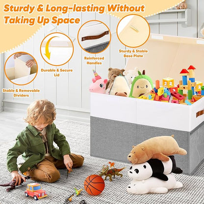 Large Toy Box, Collapsible Sturdy Storage Chest With Lids, Kids Toy Chest Storage Organizer Toddler Bin Boxes for Living Room, Bedroom, Nursery, 25"x13"x16", White & Gray