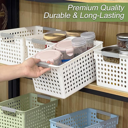 Soddeph 4 Pack Plastic Storage Basket with Handles, Small Deep Organizer Bin with Hollow Design for Under Counter, Shelf, Closet, Kitchen or Bathroom (White, Small)