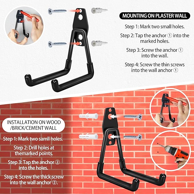 18 Pack Garage Hooks Heavy Duty - Anti-Slip Coating， Garage Storage Hooks for Hanging Bike，Ladder，Garden Tools，Hose